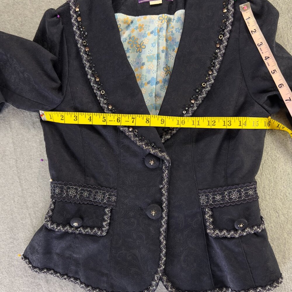 Vintage Y2K Blue Lace Sequence Trim Blazer Sz XS Victorian Cropped Whimsical - Picture 2 of 11